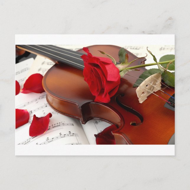 Carte Postale Rouge Rose Petals Romantique Violon Musique (Devant)