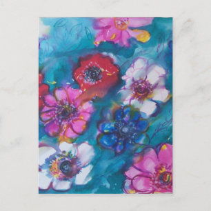 CARTE POSTALE ROUGE ROUGE BLANC FLEURS COLORÉES EN BLEU