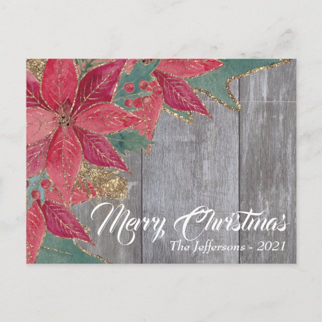 Carte Postale Rouge Rustique Poinsettia Étincelles d'Or Joyeux N (Devant)