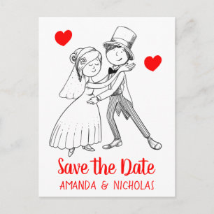 Carte Postale Rouge Sauvez la date Mariage Cartoon Bride Groom