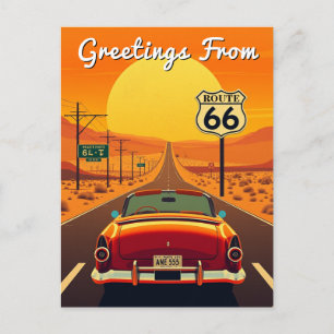 Carte Postale Route 66 Vintage Sunset Highway avec voiture