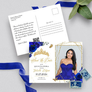 Carte Postale Royal Blue & Gold Tiara Quinceañera Photo