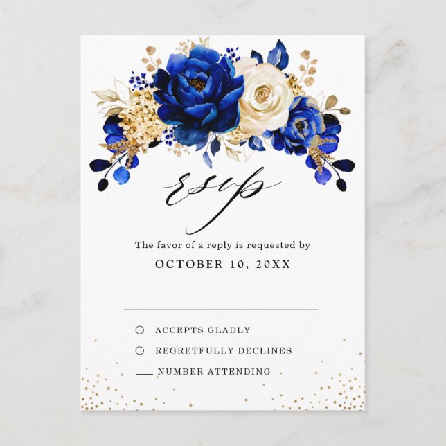 Carte Postale Royal Blue Yellow Gold Métallic Wedding RSVP (Devant)