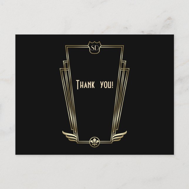 Carte Postale Royal Gold Art Déco Monogram Mariage Merci (Devant)
