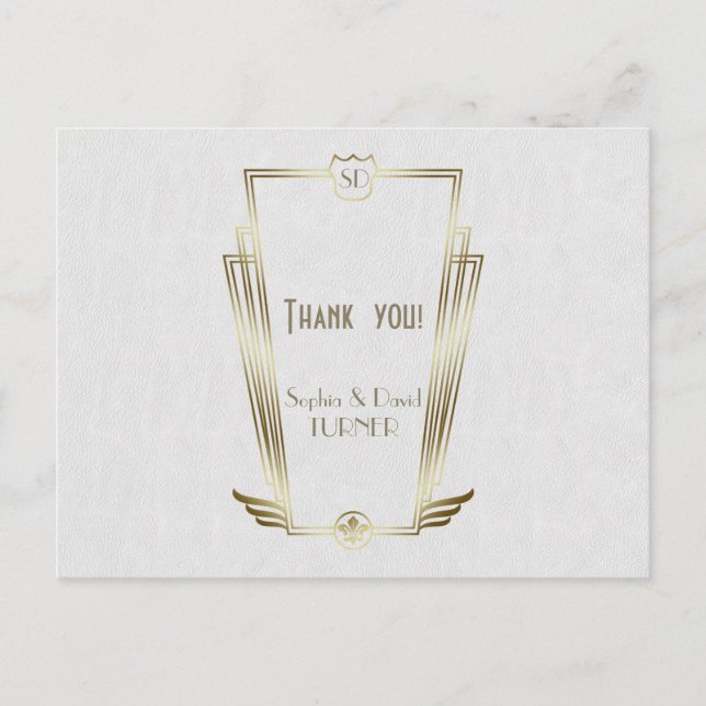 Carte Postale Royal Gold Art Déco Monogram Mariage Merci (Devant)