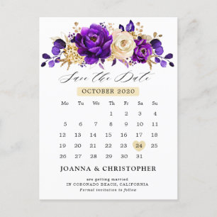 Carte Postale Royal violet violet or Floral Enregistrer la date