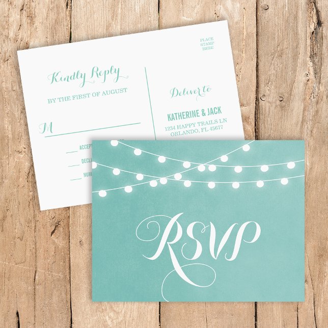 Carte postale RSVP Aqua String Lights Wedding (Créateur téléchargé)