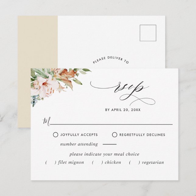 Carte Postale RSVP avec/sans repas, Fleurs terreuses Florales be (Devant / Derrière)