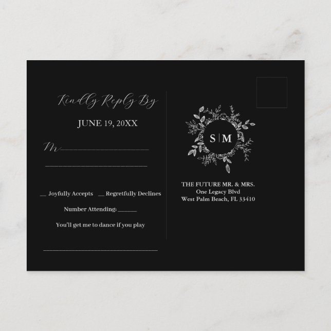 Carte postale RSVP Black Luxury Elegant Wedding (Dos)