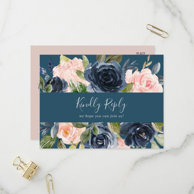 Carte postale RSVP Blush and Navy Blue Song Reques (Devant/Arrière en situation)