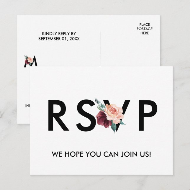 Carte Postale RSVP Choix du menu Maroon Flower Let (Devant / Derrière)