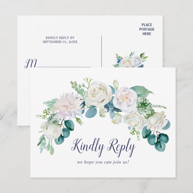 Carte Postale RSVP Classic White Flowers Menu Choi (Devant / Derrière)