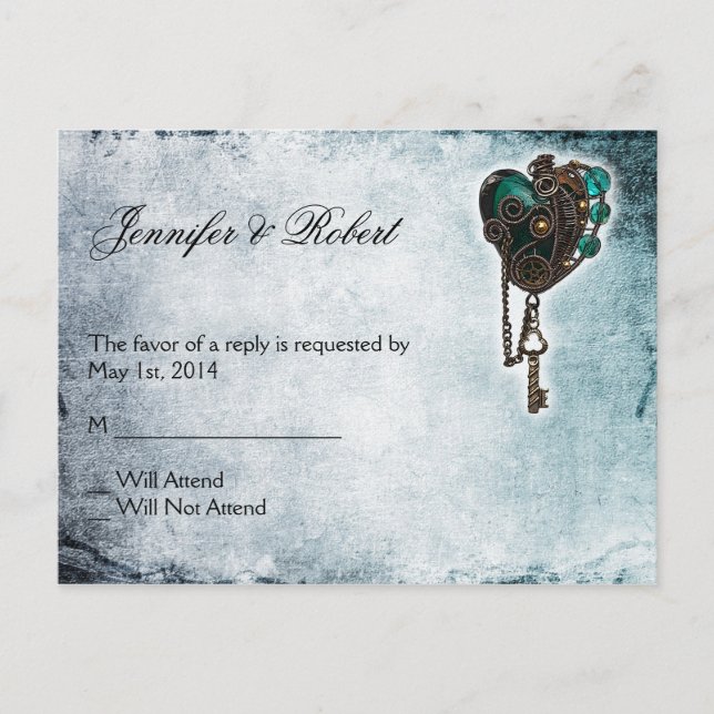 Carte postale RSVP Coeur Turquoise Steampunk (Devant)