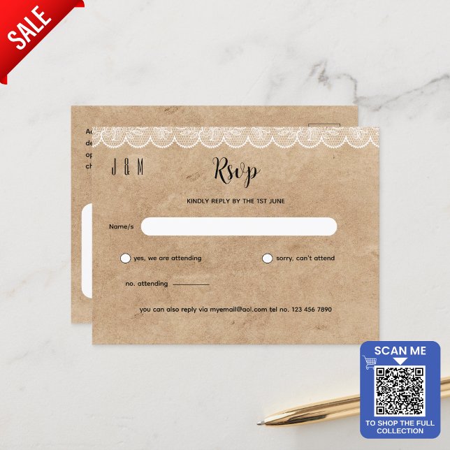 Carte Postale RSVP de mariage en dentelle blanche rustique pour  (Créateur téléchargé)