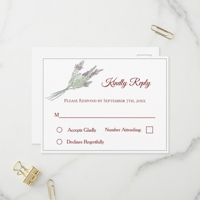 Carte postale RSVP de mariage floral avec lavande (Devant/Arrière en situation)