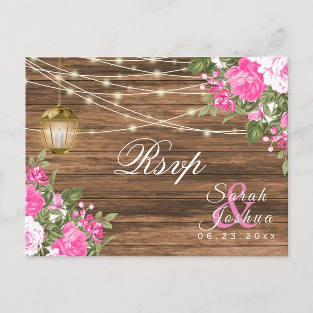 Carte Postale RSVP -  Mariage Bois, Lanterne et Fleurs Roses (Devant)