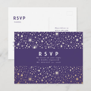 Carte Postale RSVP Mariage Nuit Étoilée Violet et Or