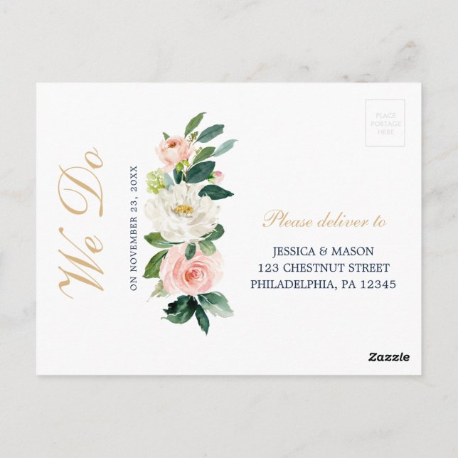 Carte postale RSVP Marine Blue Gold Blush Wedding (Dos)