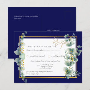 Carte Postale RSVP MARINE BLUE OR Vert Eucalyptus Mariage