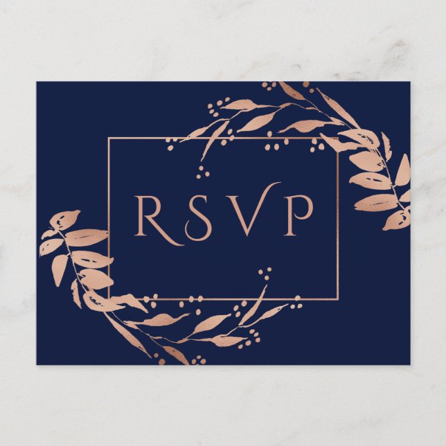 Carte postale RSVP Marine Blue Rose Gold Foliage W (Devant)