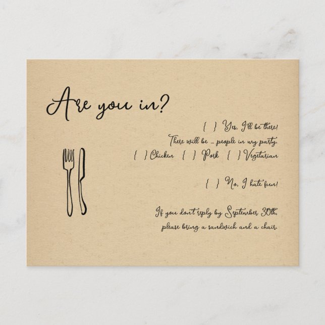 Carte postale RSVP pour mariage amusant et amusant (Devant)