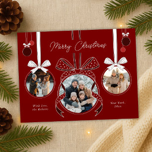 Carte Postale Ruban de l'ornement de Noël rouge Trois photos