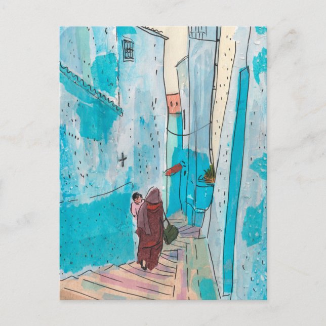 Carte Postale Rue de Chefchaouen Maroc Papier Collage Croquis (Devant)