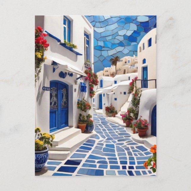 Carte Postale Rue Santorin, Grèce, Village grec Mosaïque Art (Devant)
