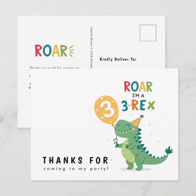 Carte Postale Rugir Je suis un 3-Rex Enfants Troisième Anniversa (Devant / Derrière)