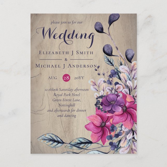 Carte Postale Russe Fuchsia Floral Mariage (Devant)