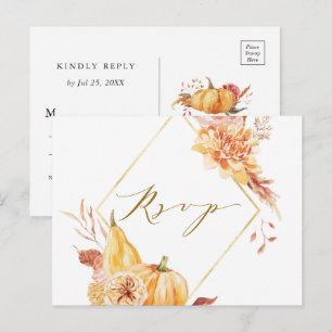 Carte Postale Rustic Automne Floral Citrouille Mariage or RSVP