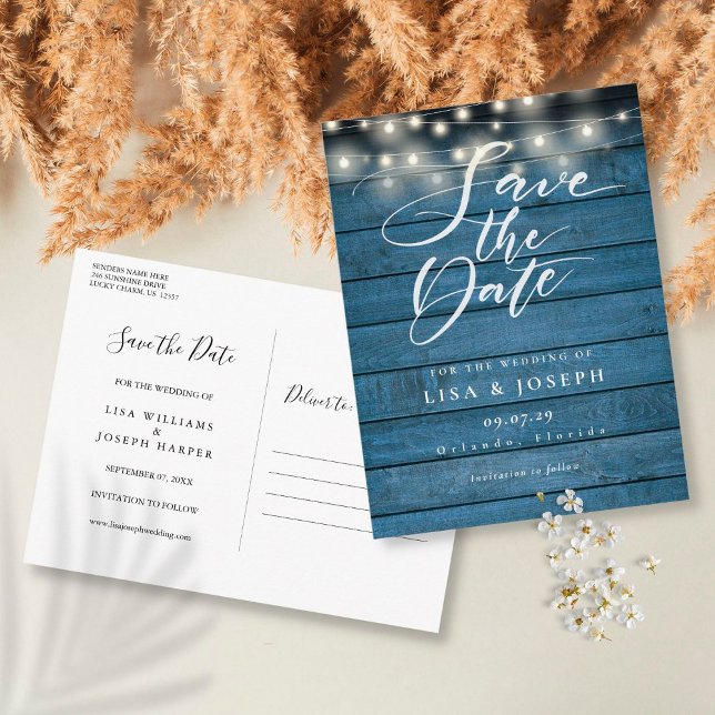 Carte Postale Rustic Blue Wood String Lights Save the Date (Créateur téléchargé)