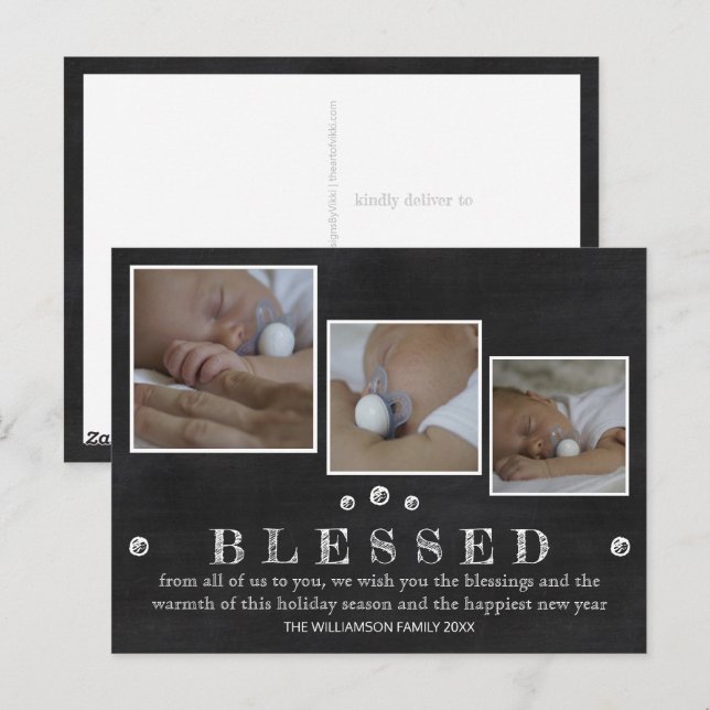 Carte Postale Rustic Chalkboard Blessé Chic 3 Photo Holiday (Devant / Derrière)