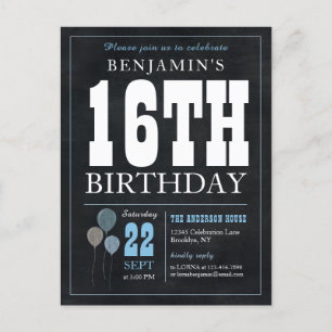 Carte Postale Rustic Chic Chalkboard Blue Balloon 16e anniversai