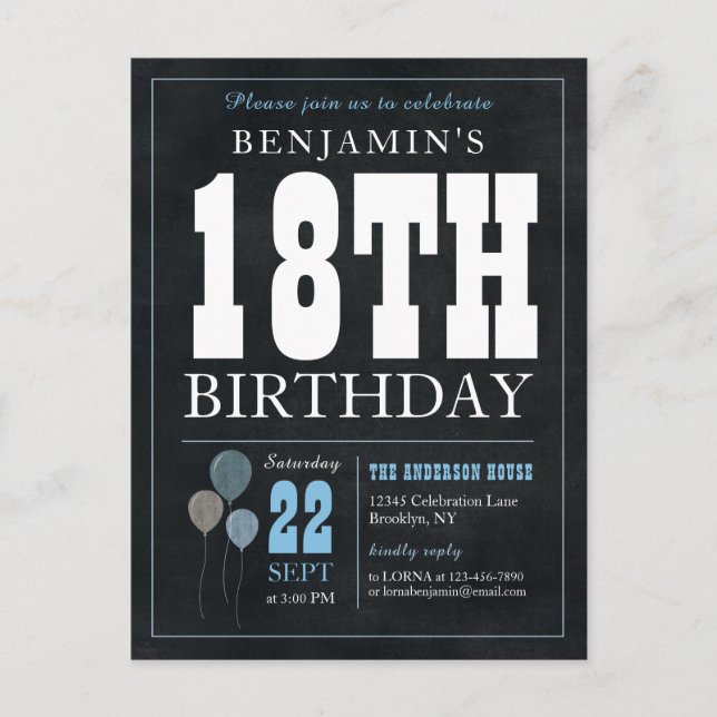Carte Postale Rustic Chic Chalkboard Blue Balloon 18e anniversai (Devant)