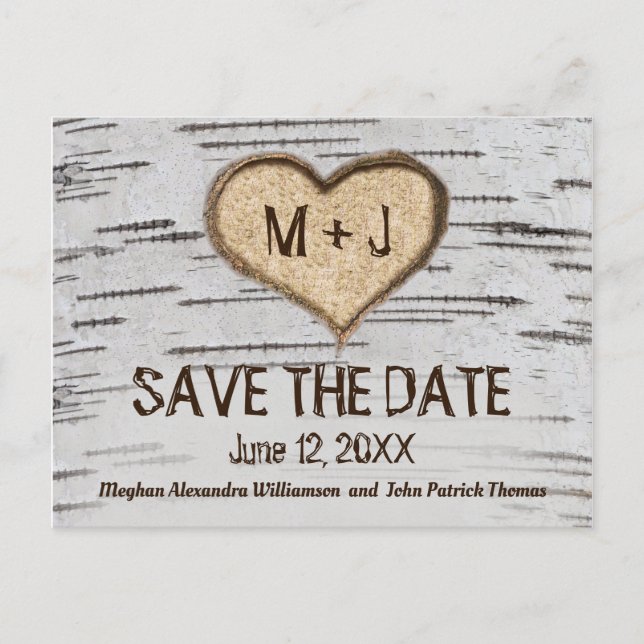 Carte Postale Rustic Country Birch Heart initiales Enregistrer l (Devant)