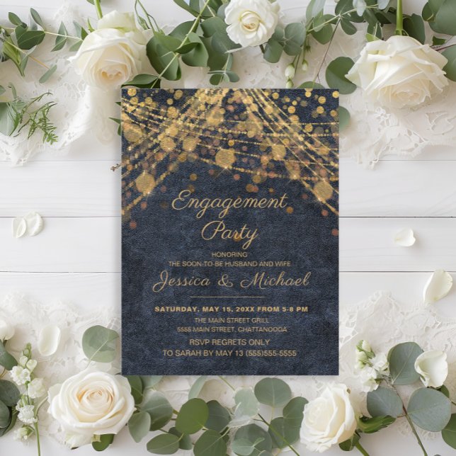 Carte Postale Rustic Glam Blue Gold String LIghts Fiançailles (Rustic navy blue Engagement party invitation with gold string lights.)
