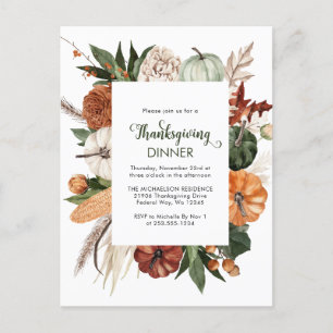 Carte Postale Rustic Green Citrouille Thanksgiving Dîner Invitat