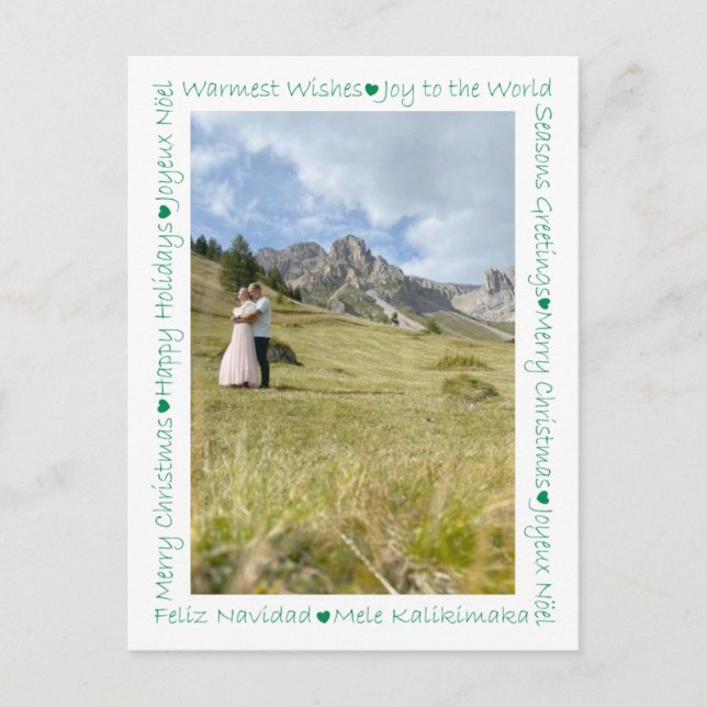 Carte Postale Rustic Green Hearts & Xmas Words 2 Frontière photo (Devant)