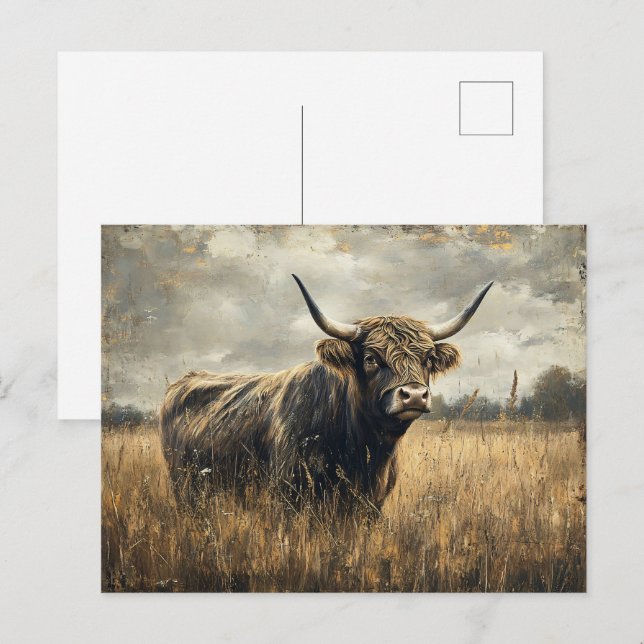 Carte Postale Rustic Highland Cow Landcape Art (Devant / Derrière)