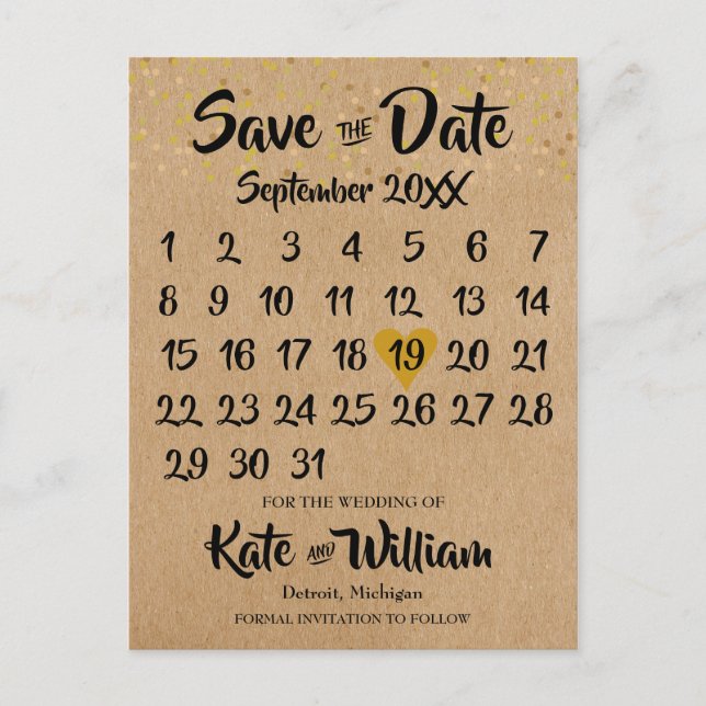 Carte Postale Rustic Kraft Gold Heart Calendrier Enregistrer la  (Devant)
