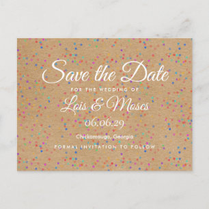 Carte Postale Rustic Kraft Rainbow Confetti Enregistrer la date