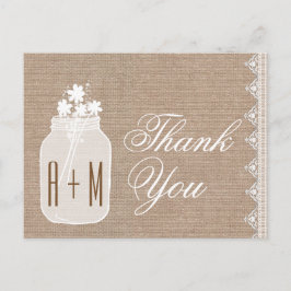 Carte Postale Rustic Mason Jar et Fleurs Merci Burlap A06