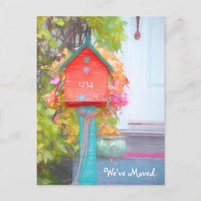 Carte Postale Rustic Red Green Birdhouse Nouvelle adresse Moving (Devant)