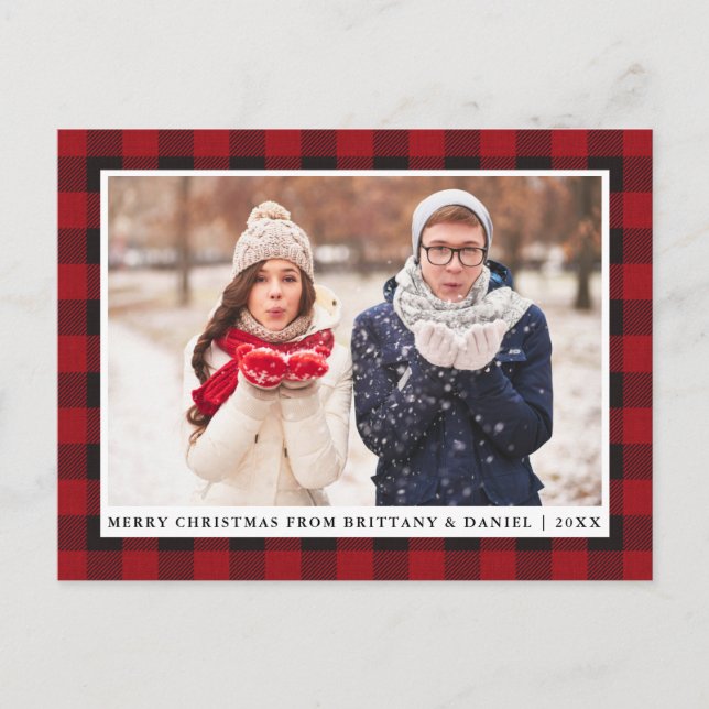Carte Postale Rustic Red Plaid Couple Photo Joyeux Noël (Devant)