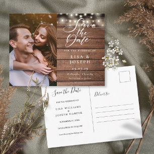 Carte Postale Rustic String Lights photo Mariage Enregistrer la