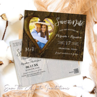 Carte Postale Rustic Tree Heart Photo Enregistrer la date