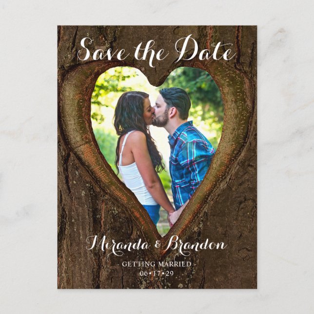 Carte Postale Rustic Tree Heart Photo Enregistrer la date Mariag (Devant)