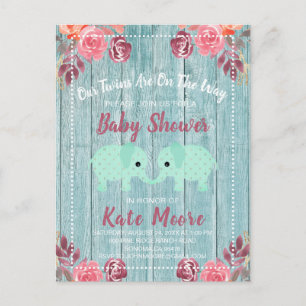 Carte Postale Rustic Twins Baby Elephants Baby shower Bleu Vert
