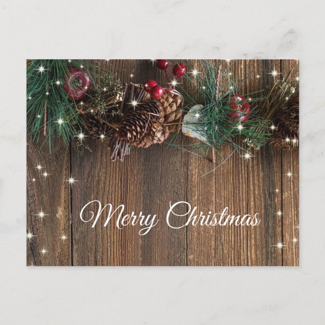 Carte Postale Rustic Wood Garland Cinnamon Salutation de Noël (Devant)